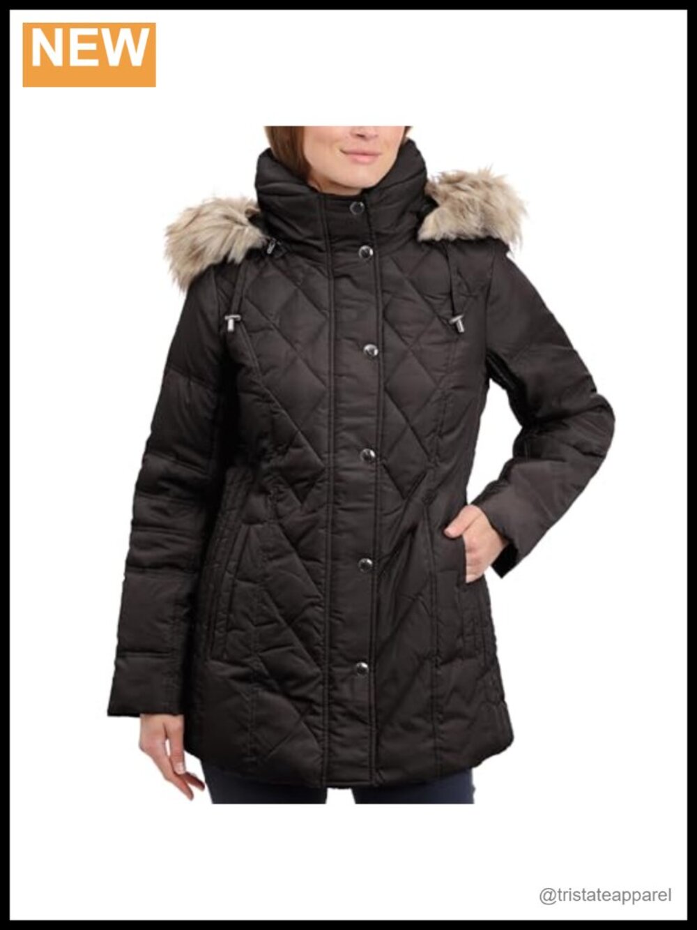 Diamond Quilted Down Coat Long Puffer Detachable Fur Hood